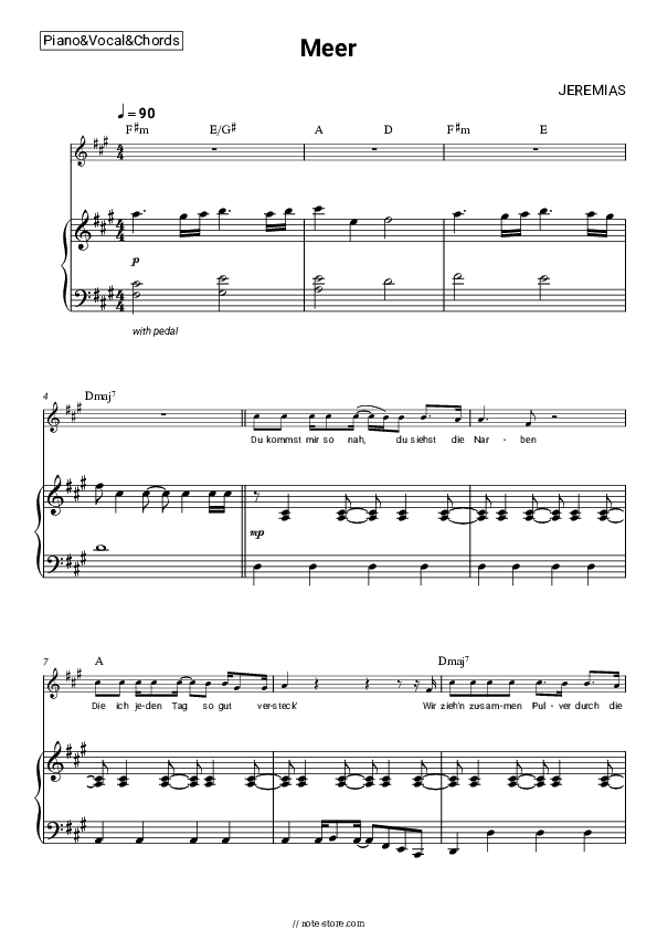 Meer - JEREMIAS Piano Sheet Music with the Vocal and Chords - Piano&Vocal&Chords