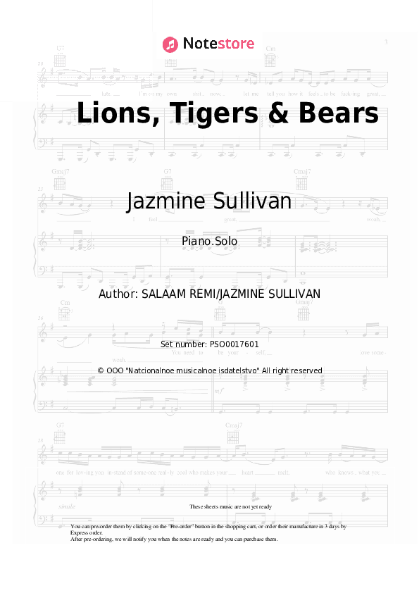 Lions, Tigers & Bears - Jazmine Sullivan Piano Sheet Music - Piano.Solo