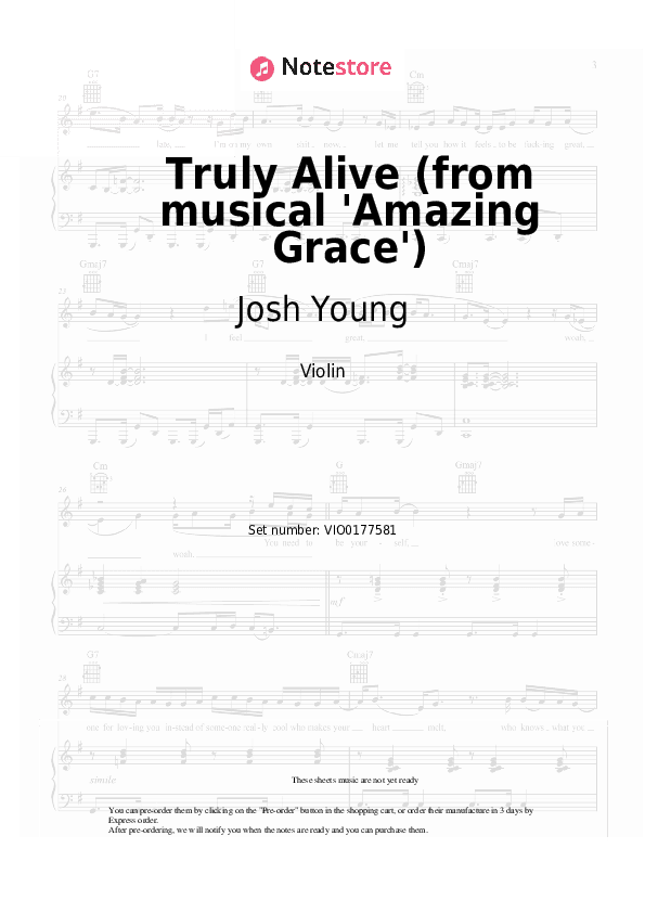 Truly Alive (from musical 'Amazing Grace') - Josh Young, Tom Hewitt, Christopher Smith Violin Sheet Music - Violin