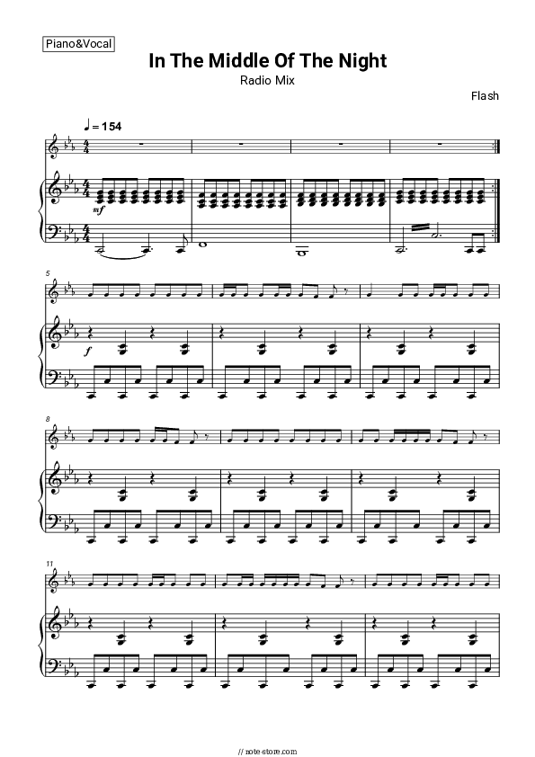 In The Middle Of The Night (Radio Mix) - Flash Piano Sheet Music with the Voice part - Piano&Vocal