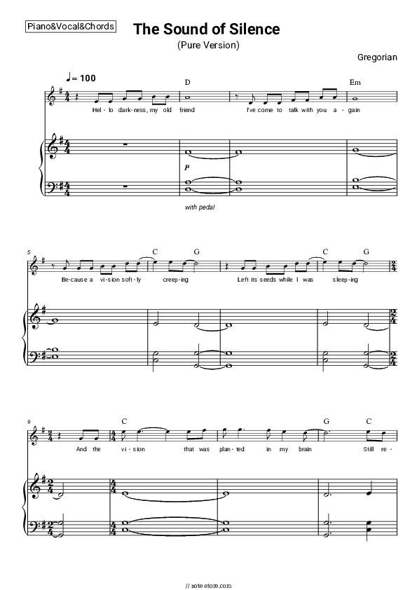 The Sound of Silence (Pure Version) - Gregorian Piano Sheet Music with the Vocal and Chords - Piano&Vocal&Chords