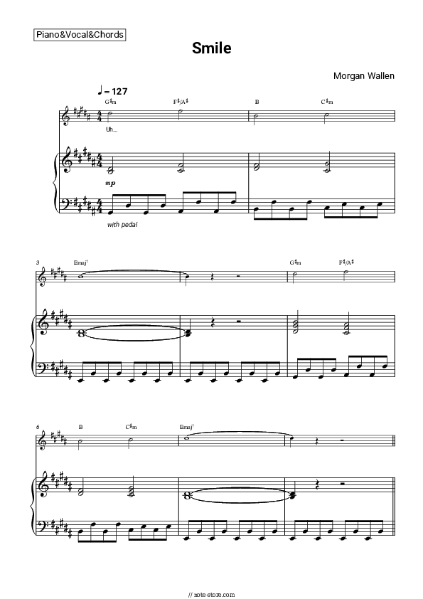 Smile - Morgan Wallen Piano Sheet Music with the Vocal and Chords - Piano&Vocal&Chords