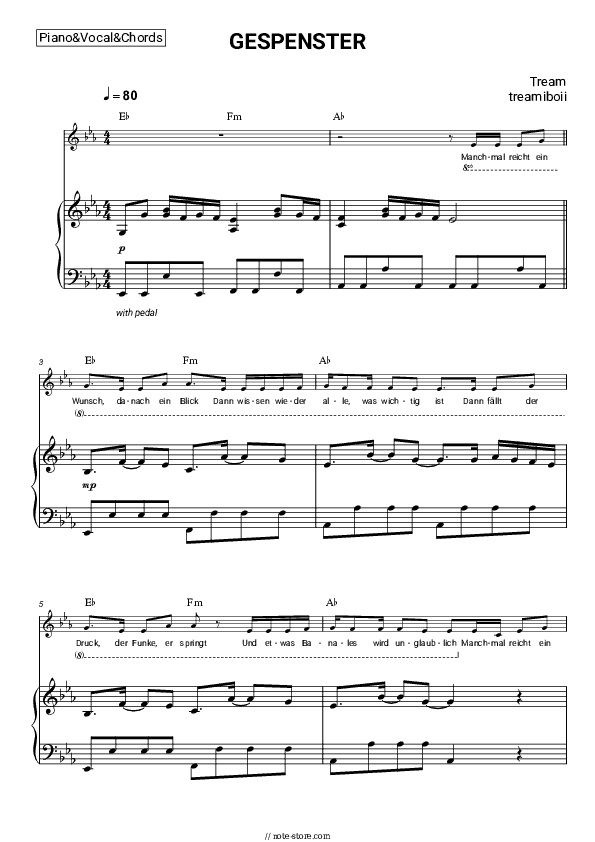 GESPENSTER - Tream, treamiboii Piano Sheet Music with the Vocal and Chords - Piano&Vocal&Chords