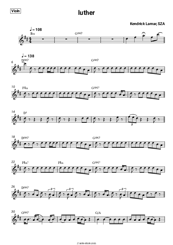 luther - Kendrick Lamar, SZA Violin Sheet Music - Violin