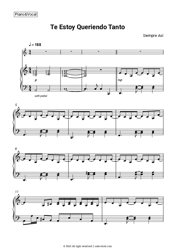 Te Estoy Queriendo Tanto - Siempre Así Piano Sheet Music with the Voice part - Piano&Vocal