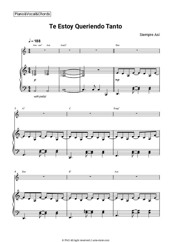 Te Estoy Queriendo Tanto - Siempre Así Piano Sheet Music with the Vocal and Chords - Piano&Vocal&Chords