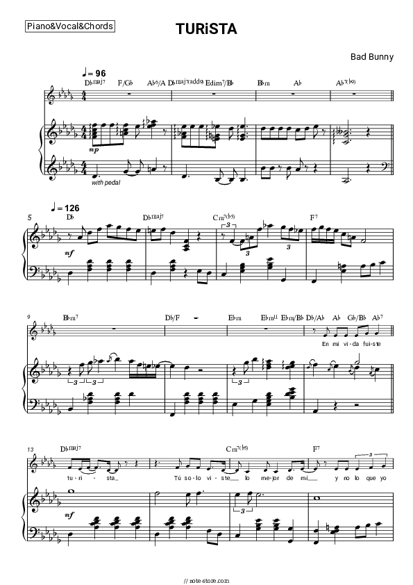 TURiSTA - Bad Bunny Piano Sheet Music with the Vocal and Chords - Piano&Vocal&Chords