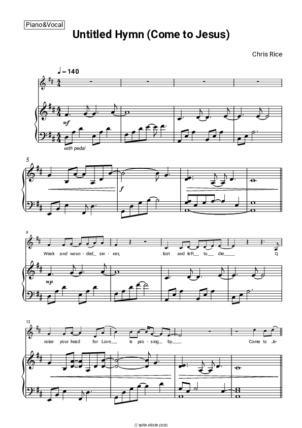 Untitled Hymn (Come to Jesus) - Chris Rice Piano Sheet Music with the Voice part - Piano&Vocal