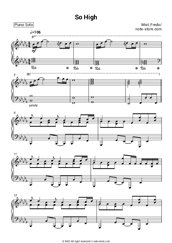 So High - Mist, Fredo Piano Sheet Music - Piano.Solo