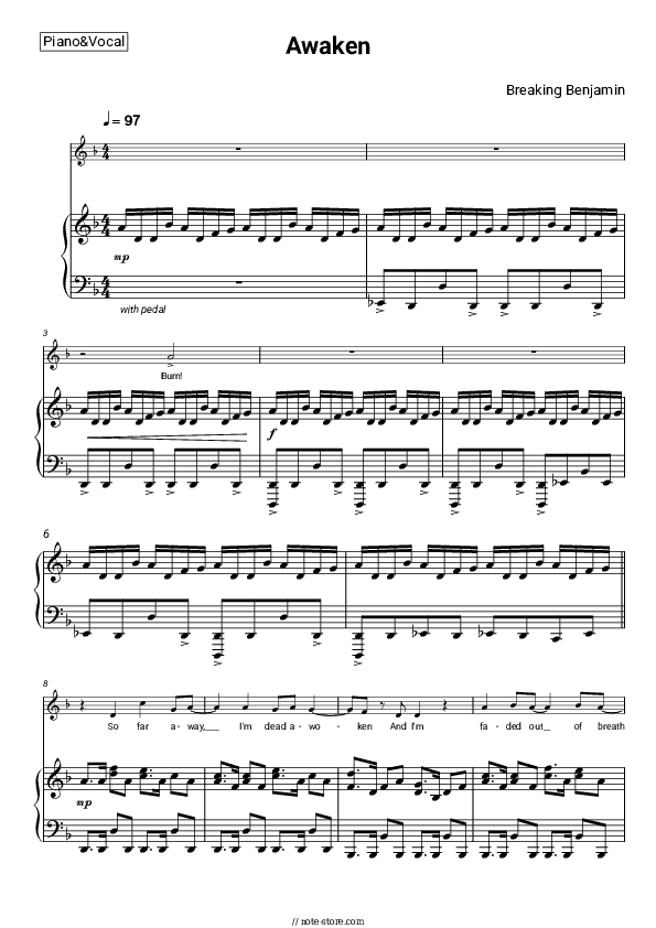 Awaken - Breaking Benjamin Piano Sheet Music with the Voice part - Piano&Vocal