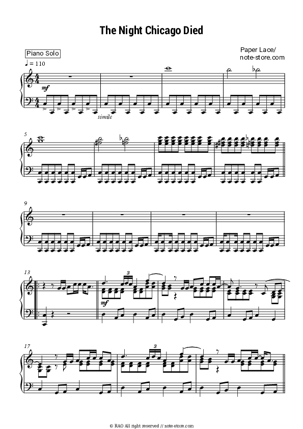 The Night Chicago Died - Paper Lace Piano Sheet Music - Piano.Solo