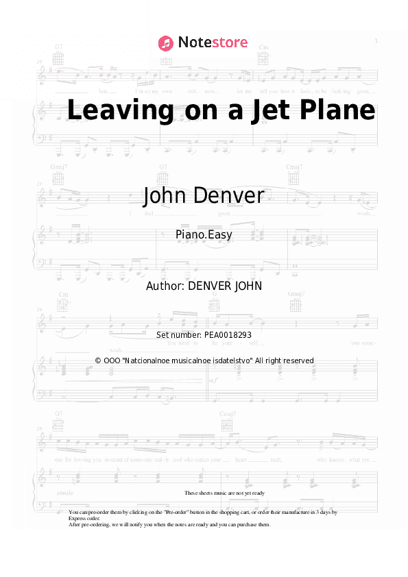 Leaving on a Jet Plane - John Denver Piano Sheet Music Easy - Piano.Easy