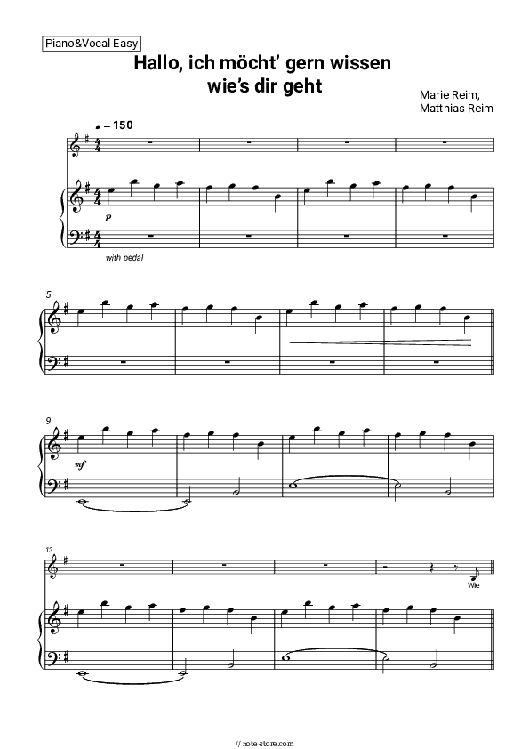Hallo, ich möcht’ gern wissen wie’s dir geht - Marie Reim, Matthias Reim Piano Sheet Music Easy and Vocal - Piano&Vocal.Easy