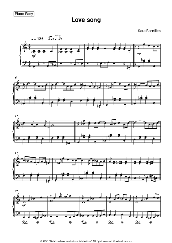 Love Song - Sara Bareilles Piano Sheet Music Easy - Piano.Easy