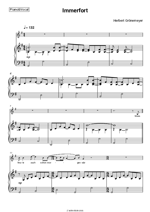 Immerfort - Herbert Grönemeyer Piano Sheet Music with the Voice part - Piano&Vocal