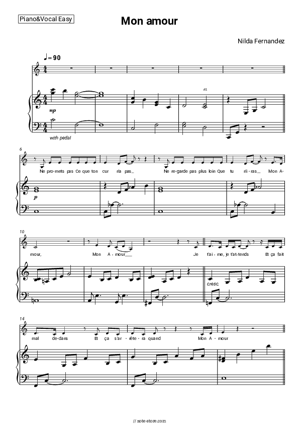 Mon amour - Nilda Fernandez Piano Sheet Music Easy and Vocal - Piano&Vocal.Easy