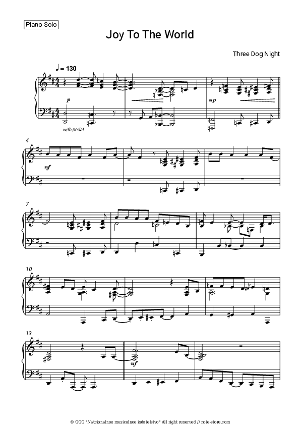 Joy To the World - Three Dog Night Piano Sheet Music - Piano.Solo