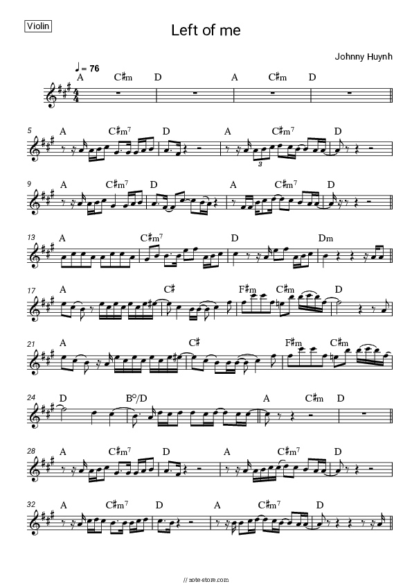 Left of me - Johnny Huynh Violin Sheet Music - Violin