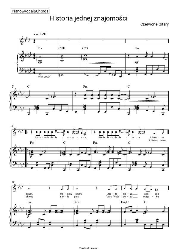 Historia Jednej Znajomości - Czerwone Gitary Piano Sheet Music with the Vocal and Chords - Piano&Vocal&Chords