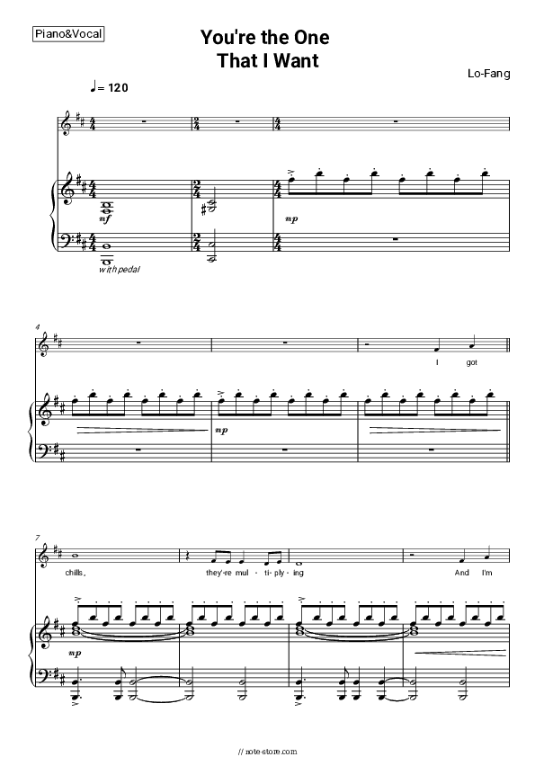 You’re the One That I Want - Lo-Fang Piano Sheet Music with the Voice part - Piano&Vocal