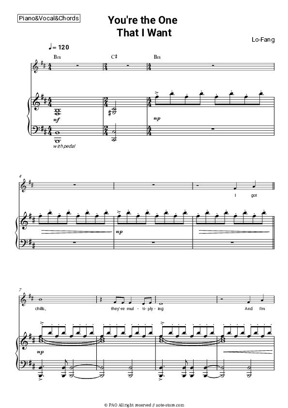 You’re the One That I Want - Lo-Fang Piano Sheet Music with the Vocal and Chords - Piano&Vocal&Chords