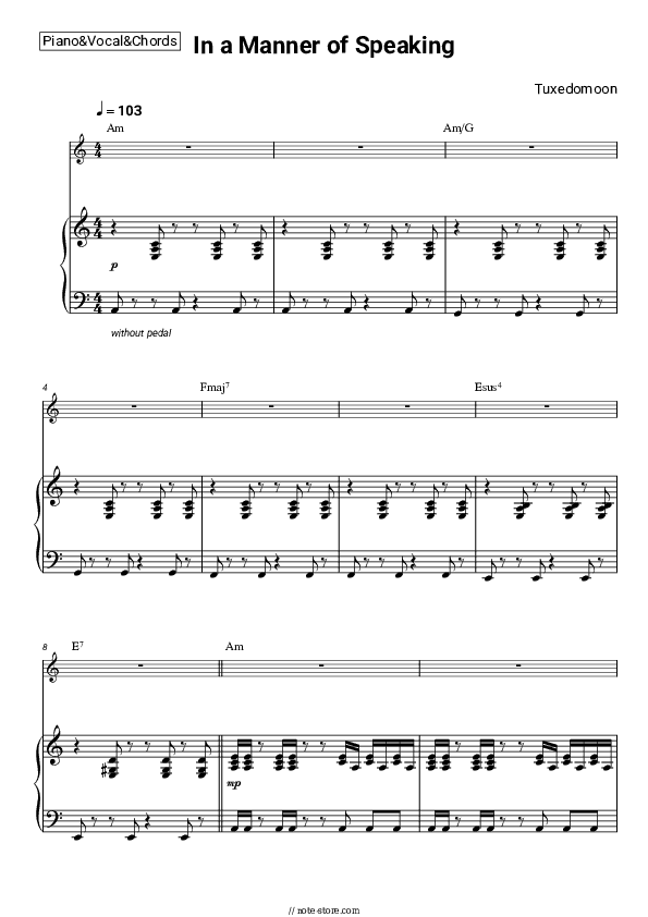 In a Manner of Speaking - Tuxedomoon Piano Sheet Music with the Vocal and Chords - Piano&Vocal&Chords