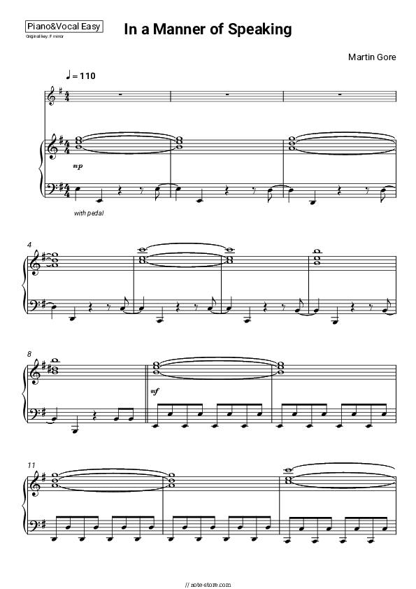 In a Manner of Speaking - Martin Gore Piano Sheet Music Easy and Vocal - Piano&Vocal.Easy