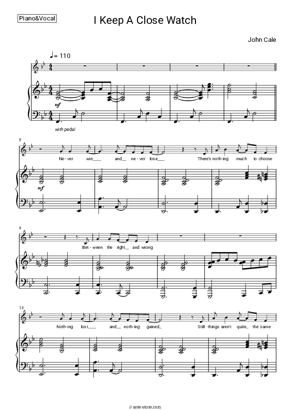 I Keep a Close Watch - John Cale Piano Sheet Music with the Voice part - Piano&Vocal