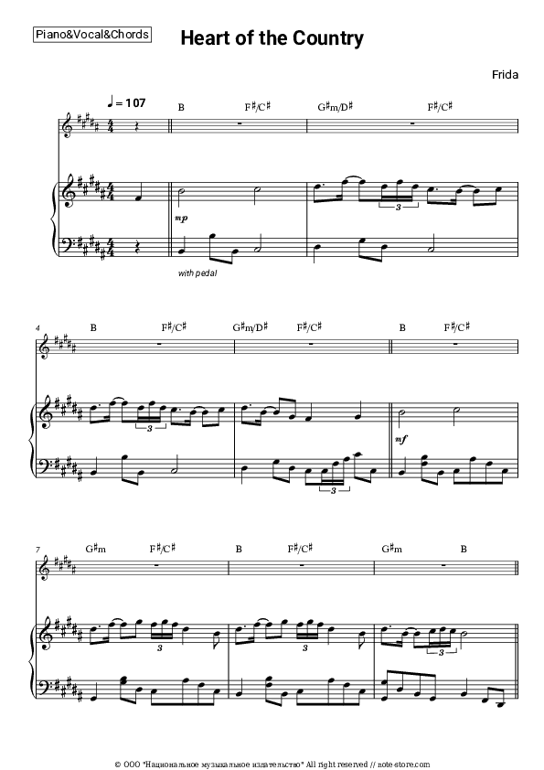 Heart of the Country - Frida Piano Sheet Music with the Vocal and Chords - Piano&Vocal&Chords