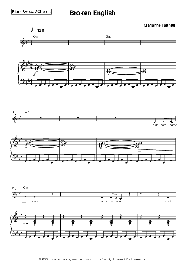 Broken English - Marianne Faithfull Piano Sheet Music with the Vocal and Chords - Piano&Vocal&Chords