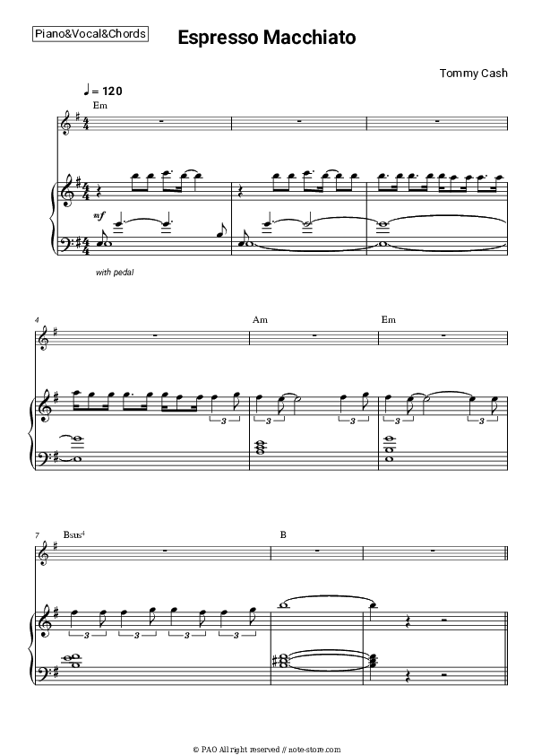 Espresso Macchiato - Tommy Cash Piano Sheet Music with the Vocal and Chords - Piano&Vocal&Chords