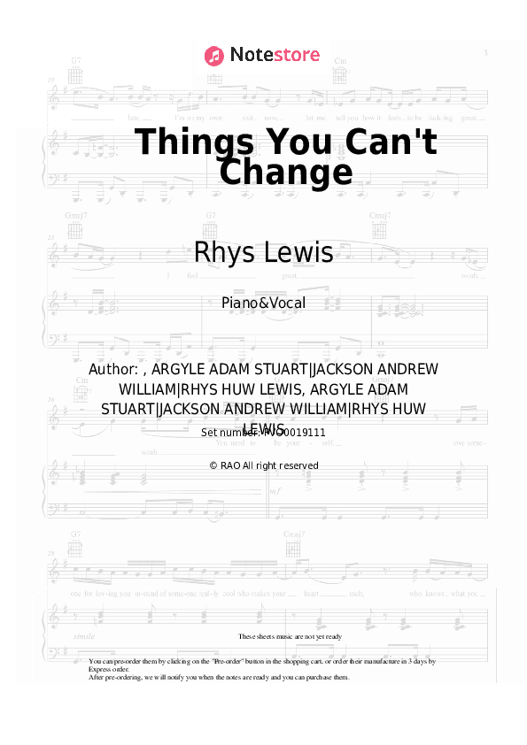 Things You Can't Change - Rhys Lewis Piano Sheet Music with the Voice part - Piano&Vocal