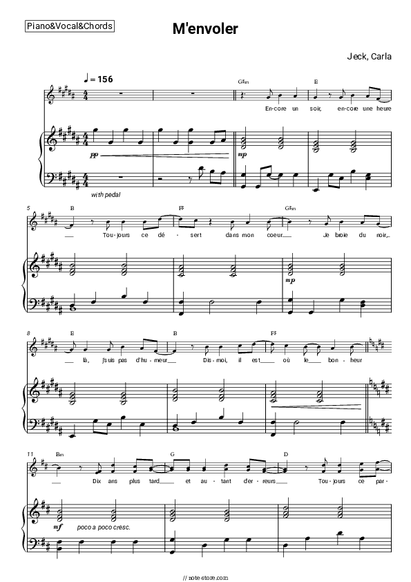 M'envoler - Jeck, Carla Piano Sheet Music with the Vocal and Chords - Piano&Vocal&Chords