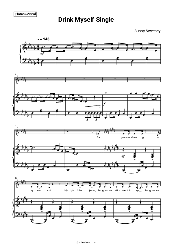 Drink Myself Single - Sunny Sweeney Piano Sheet Music with the Voice part - Piano&Vocal