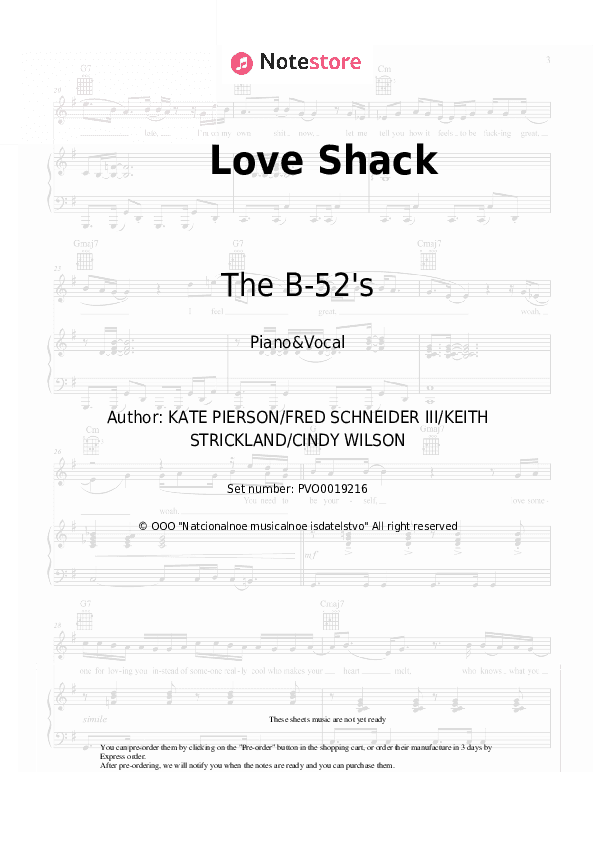 Love Shack - The B-52's Piano Sheet Music with the Voice part - Piano&Vocal