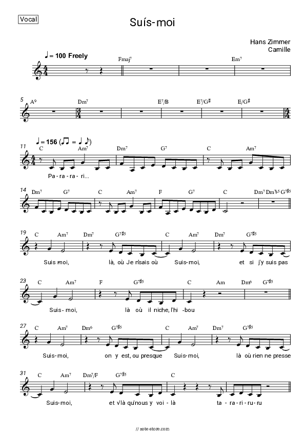 Suís-moi - Hans Zimmer, Camille Vocal Sheet Music - Vocal