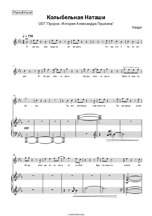 Колыбельная Наташи (OST 'Пророк. История Александра Пушкина') - Nadezhda Gritskevich Piano Sheet Music with the Voice part - Piano&Vocal