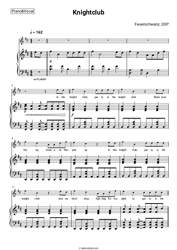 Knightclub - Feuerschwanz, SDP Piano Sheet Music with the Voice part - Piano&Vocal