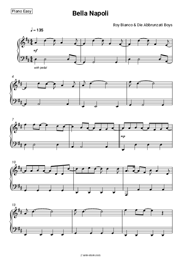 Bella Napoli - Roy Bianco & Die Abbrunzati Boys Piano Sheet Music Easy - Piano.Easy