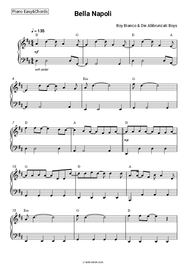 Bella Napoli - Roy Bianco & Die Abbrunzati Boys Sheet Music Easy and Chords - Piano.Easy&Chords