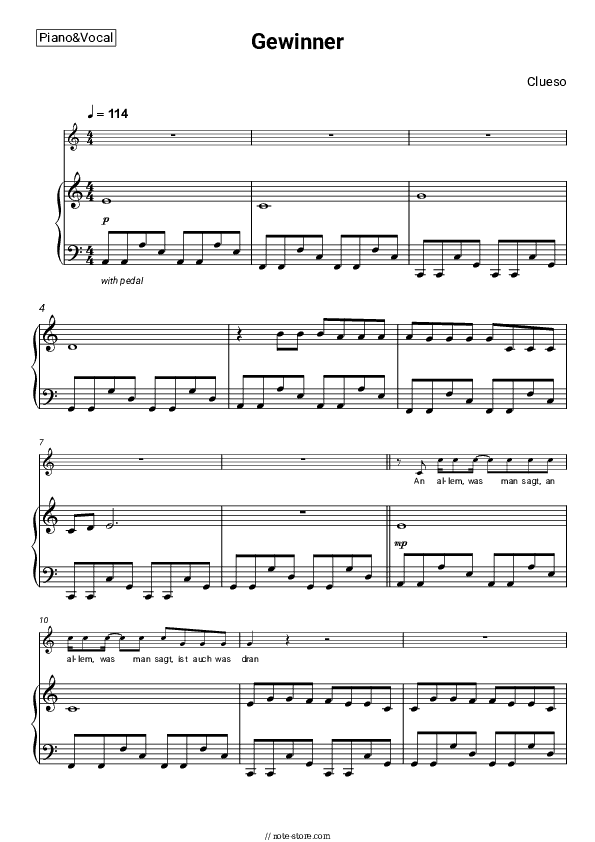 Gewinner - Clueso Piano Sheet Music with the Voice part - Piano&Vocal