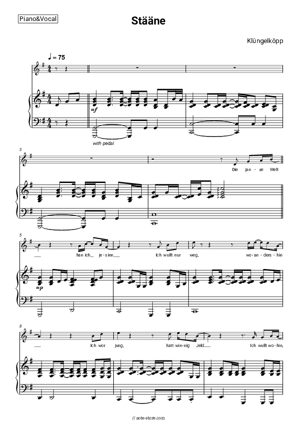 Stääne - Klüngelköpp Piano Sheet Music with the Voice part - Piano&Vocal