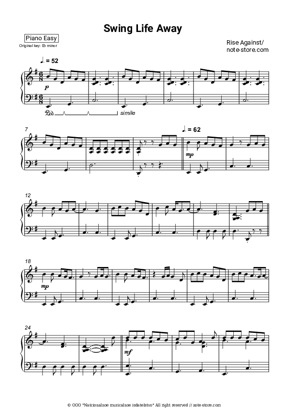 Swing Life Away - Rise Against Piano Sheet Music Easy - Piano.Easy