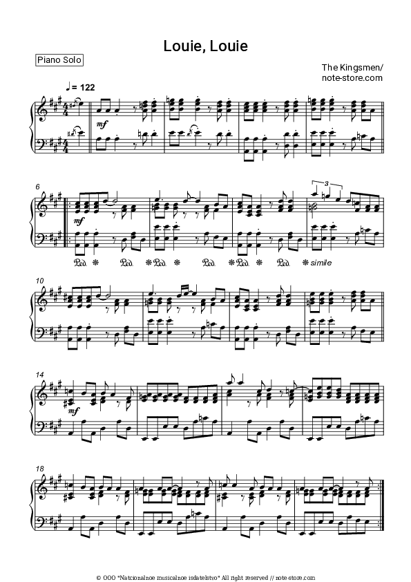 Louie, Louie - The Kingsmen Piano Sheet Music - Piano.Solo