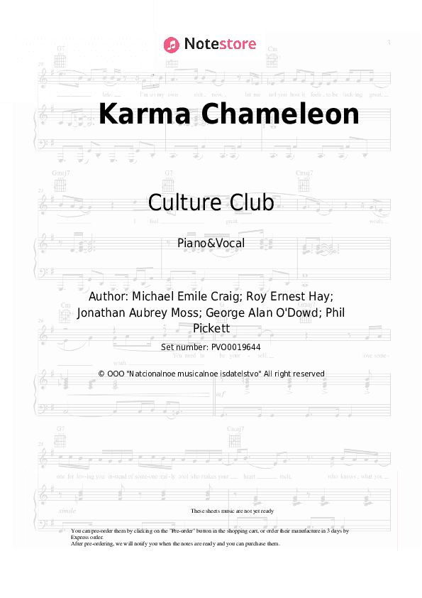 Karma Chameleon - Culture Club Piano Sheet Music with the Voice part - Piano&Vocal