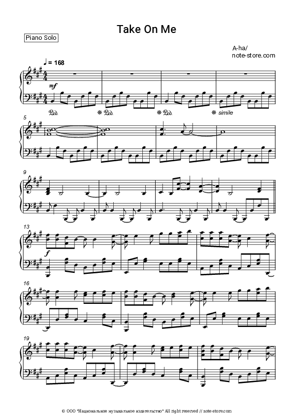 Take On Me - A-ha Piano Sheet Music - Piano.Solo