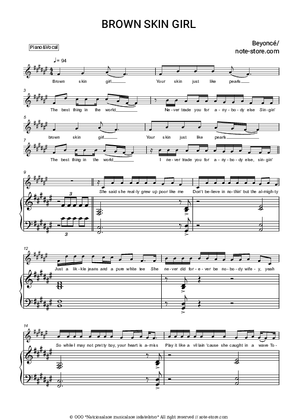 BROWN SKIN GIRL - Beyonce, Blue Ivy Carter, SAINt JHN, Wizkid Piano Sheet Music with the Voice part - Piano&Vocal