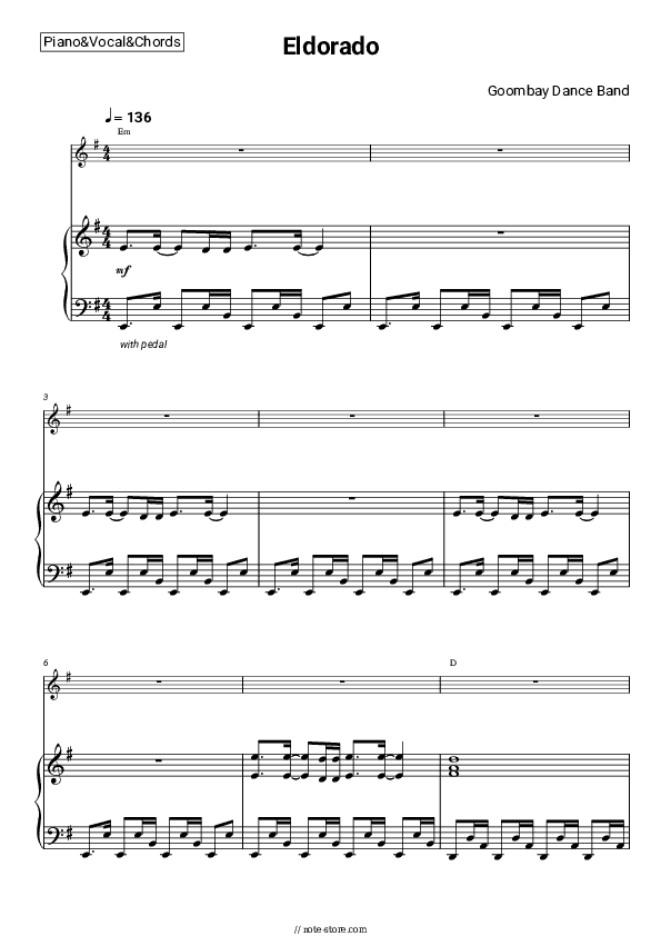 Eldorado - Goombay Dance Band Piano Sheet Music with the Vocal and Chords - Piano&Vocal&Chords