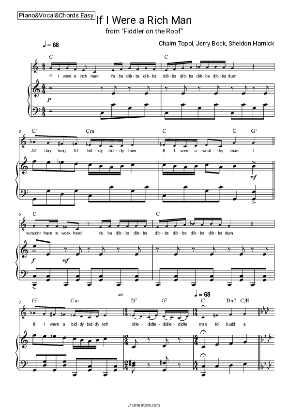 If I Were a Rich Man (from 'Fiddler on the Roof') - Chaim Topol, Jerry Bock, Sheldon Harnick Sheet Music - Piano&Vocal&Chords.Easy