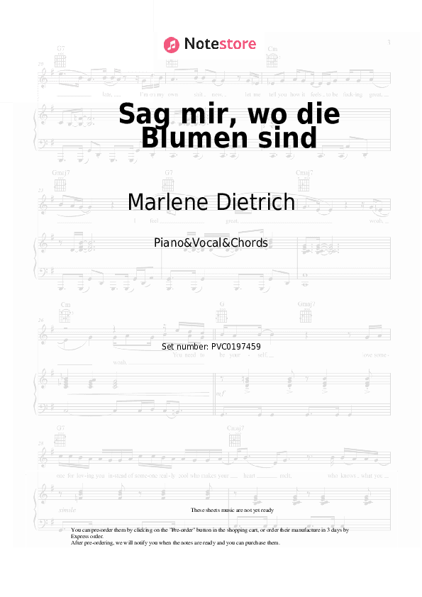 Sag mir, wo die Blumen sind - Marlene Dietrich Piano Sheet Music with the Vocal and Chords - Piano&Vocal&Chords